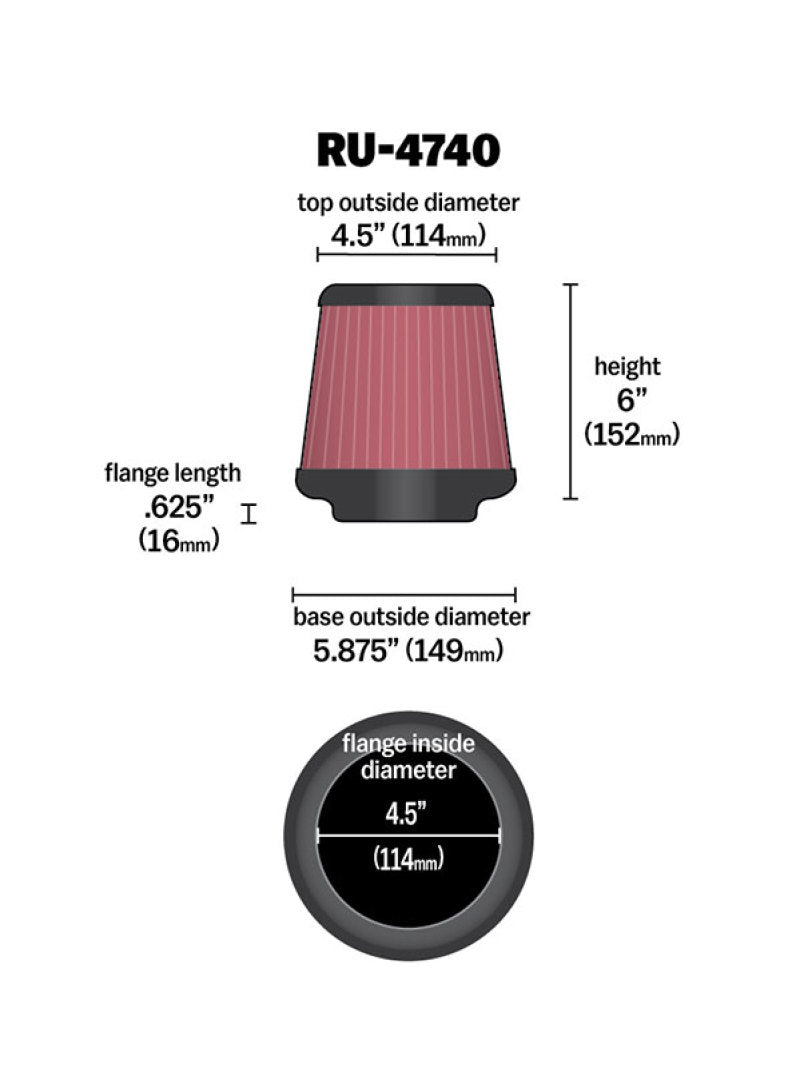 K&N Filter Universal Rubber Filter Round Tapered 4.5in  Flange 5.875in Base 4.5 inch Top 6in  Height - RU-4740
