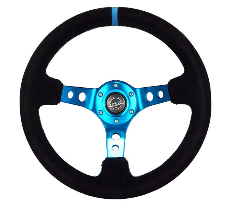 NRG Reinforced Steering Wheel (350mm) 3in Deep Blue Spoke W/ Holes - Black Suede Blue Stripe/Stitch - RST-006S-BL