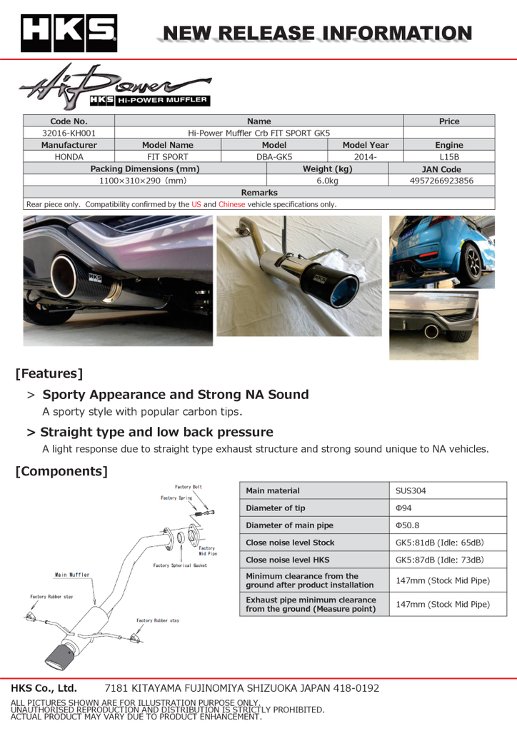 HKS Hi-Power Muffler 2014+ Honda Fit Sport GK5 w/ Carbon Tips - 32016-KH001