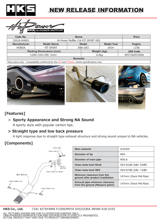 HKS Hi-Power Muffler 2014+ Honda Fit Sport GK5 w/ Carbon Tips - 32016-KH001
