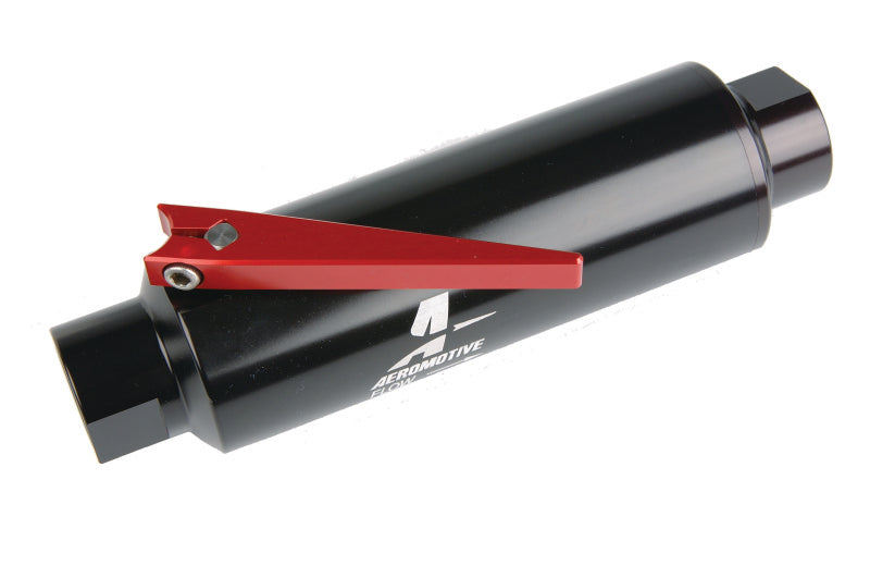 Aeromotive In-Line AN-10 Filter w/Shutoff Valve 100 Micron SS Element - Black Anodize Finish - 12331