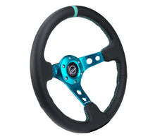Load image into Gallery viewer, NRG Reinforce Steering Wheel (350mm / 3in. Deep) Blk Leather, Teal Center Mark w/ Teal Stitching - RST-006TL