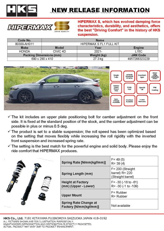 HKS 2021+ Honda Civic (FL1) Hipermax S Full Kit - 80300-AH011