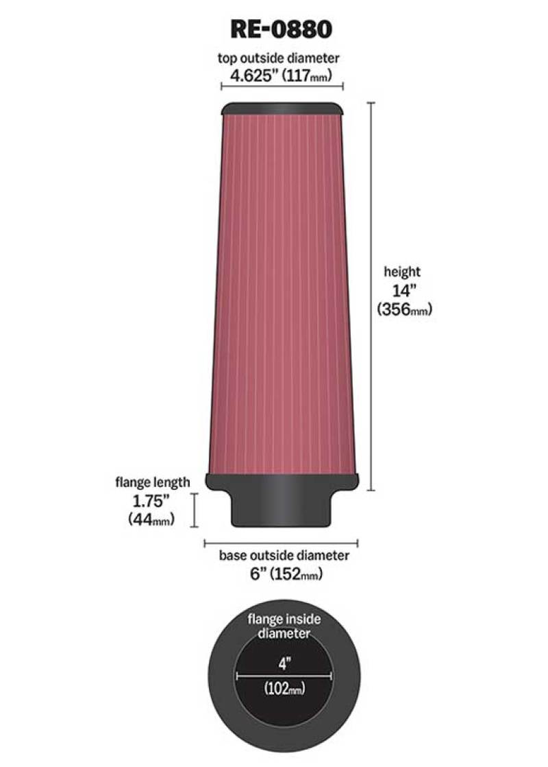 K&N Universal Rubber Filter 4inch FLG / 6inch OD-B / 4-5/8inch OD-T / 14inch H - RE-0880