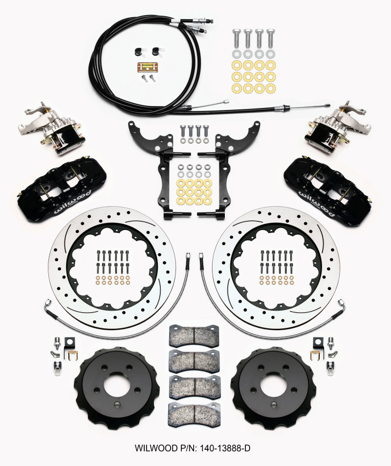 Wilwood AERO4 / MC4 Rear Kit 14.00 Drilled 15-23 Mustang w/Lines & Cables - 140-13888-D