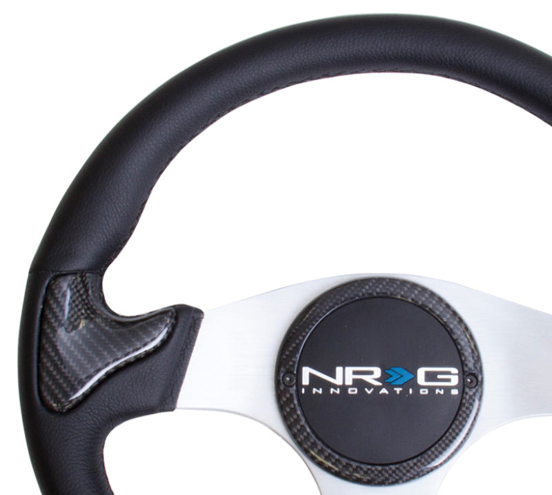 NRG Carbon Fiber Steering Wheel (350mm) Silver Frame Blk Stitching w/Rubber Cover Horn Button - ST-014CFSL