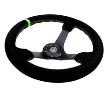 Load image into Gallery viewer, NRG Reinforced Steering Wheel 350mm/3in. Deep Blk Suede/ Neon Green Stitch w/5mm Matte Black Spoke - RST-036MB-S-GN