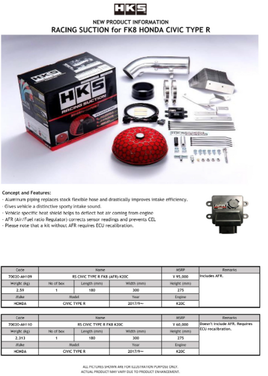 HKS RS HONDA CIVIC TYPE-R FK8 K20C (AFR Not Incl.) - 70020-AH110