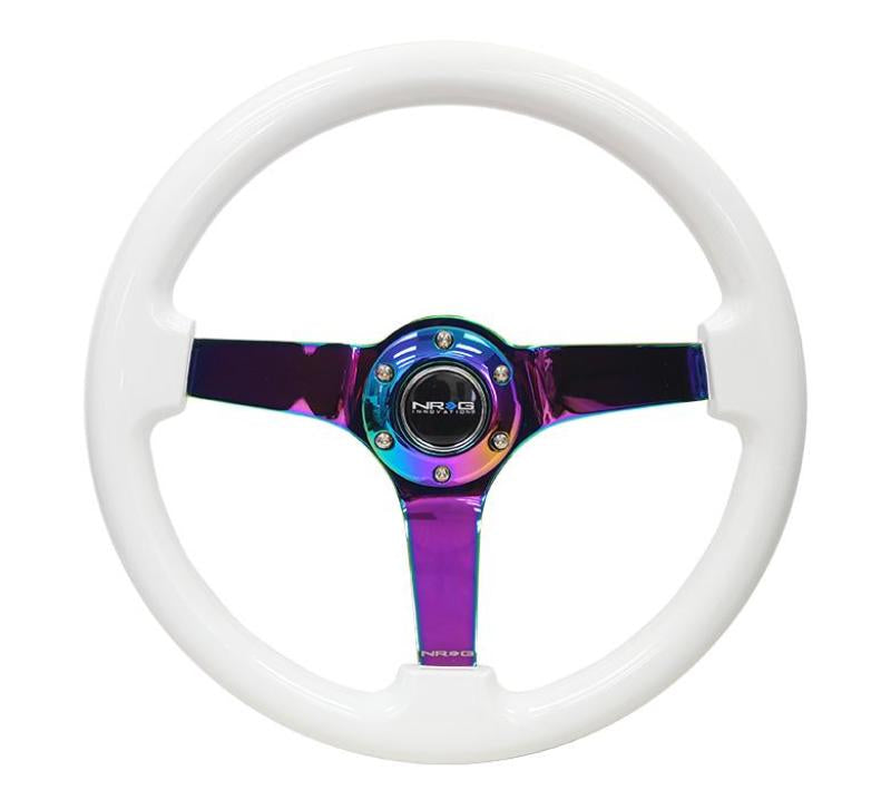 NRG Reinforced Steering Wheel (350mm / 3in. Deep) Classic White w/4mm Neochrome Solid 3-Spoke - RST-036WT-MC