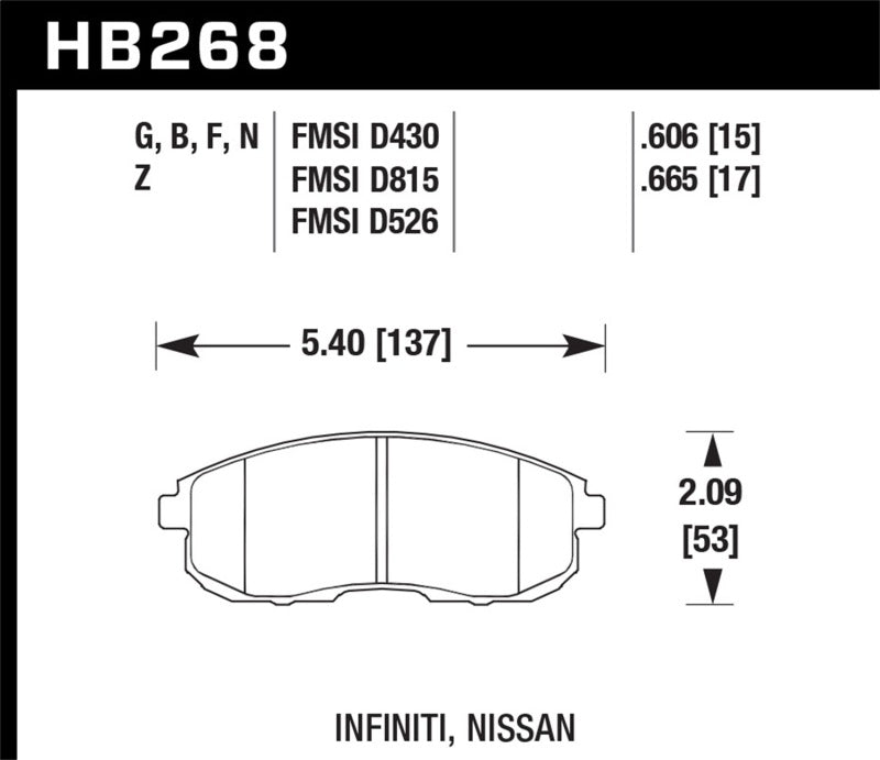Hawk 03-04 G35/03-05 G35X/ 02-05 350z w/o Brembo HPS Street Front Brake Pads - HB268F.665
