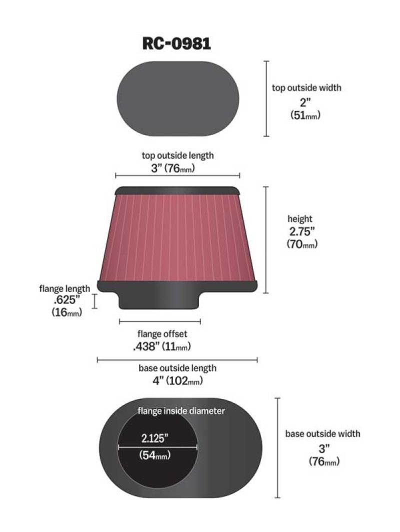 K&N Uni Chrome Oval Tapered Filter 2.125in FlgID x 4inB OL x 3inB OW x 3inT OL x 2inT OW x 2.75in H - RC-0981