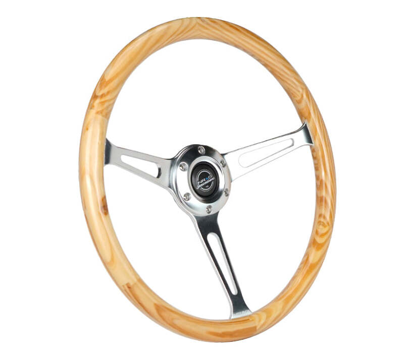NRG Reinforced Steering Wheel (380mm) Light Wood Grain w/3-Spoke Center Shinny Chrome - RST-380RG