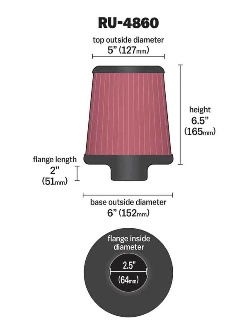K&N Filter Universal Rubber Filter 2 1/2 inch Flange 6 inch Base 5 inch Top 6 1/2 inch Height - RU-4860