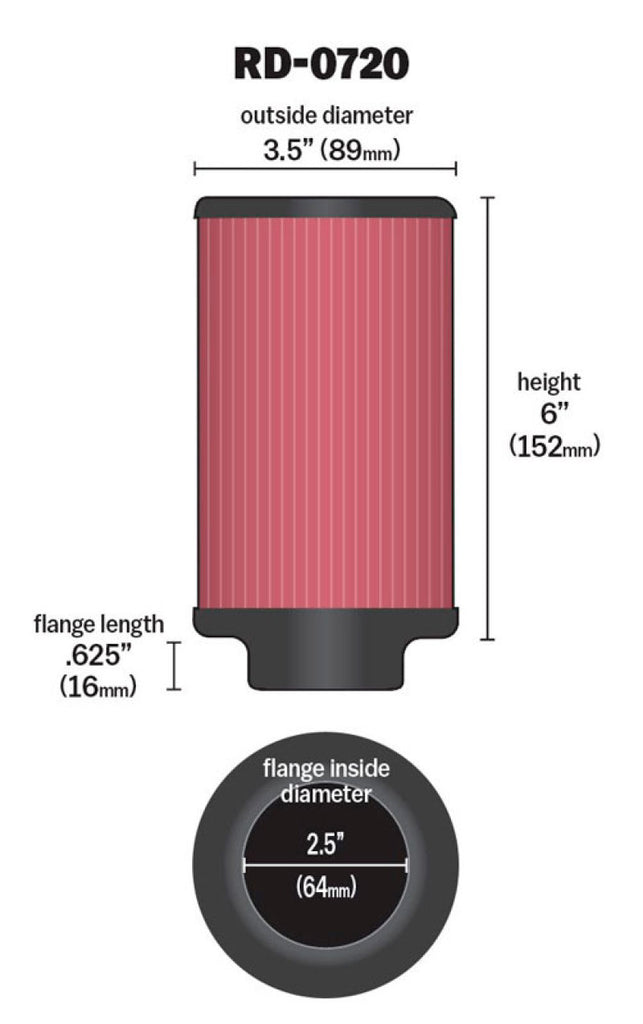K&N Universal Rubber Filter 2.5in Flange ID x 3.5in OD x 6in Height - RD-0720
