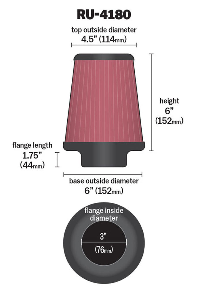 K&N Universal Clamp-On Air Filter 3in FLG / 6in B / 4-1/2in T / 6in H - RU-4180