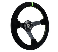 Load image into Gallery viewer, NRG Reinforced Steering Wheel 350mm/3in. Deep Blk Suede/ Neon Green Stitch w/5mm Matte Black Spoke - RST-036MB-S-GN