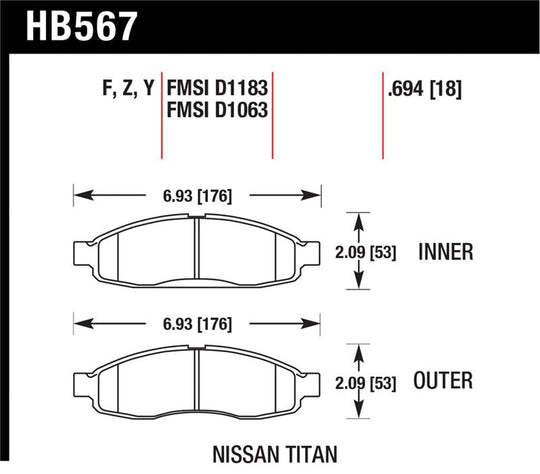 Hawk 04-06 Infiniti QX56 / 05-06 Armada / 04 Pathfinder / 04-07 Titan LTS Street Front Brake Pads - HB567Y.694