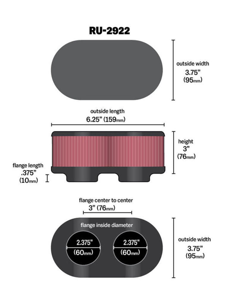 K&N Filter Universal Filter 2 3/4 inch Dual Flange GSXR Oval (2/Box) - RU-2922