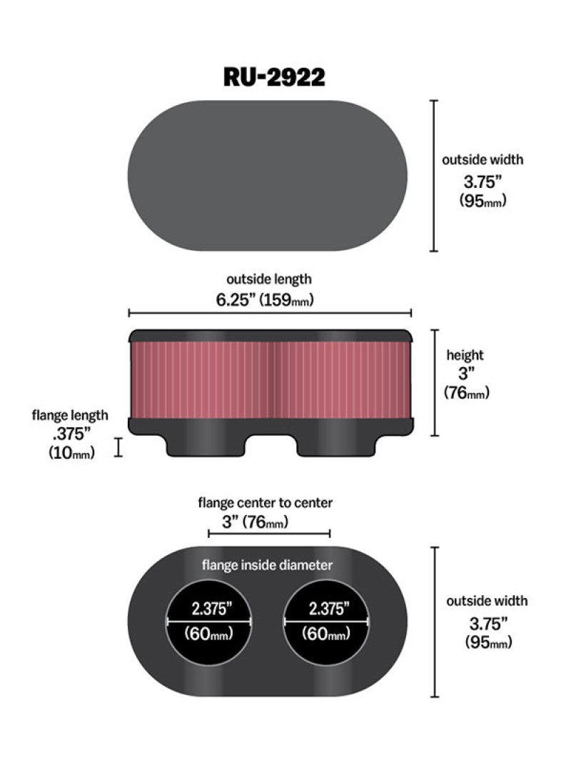 K&N Filter Universal Filter 2 3/4 inch Dual Flange GSXR Oval (2/Box) - RU-2922