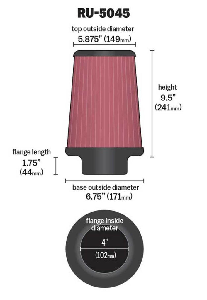 K&N Filter 4 inch Flange 6 3/4 inch OD Base 5 7/8 inch OD Top 9 1/2 inch Height - RU-5045