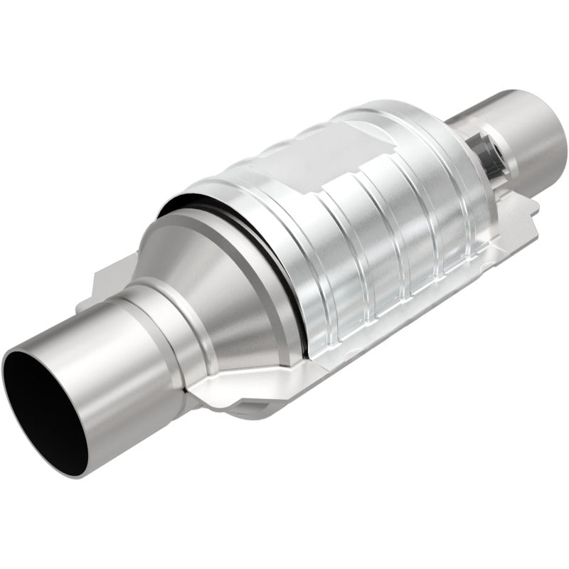 MagnaFlow Univ Conv 2in In/Out Ctr/Ctr Round 9in Body L x 5.125in W x 13in Overall L Single O2 Port - 51234