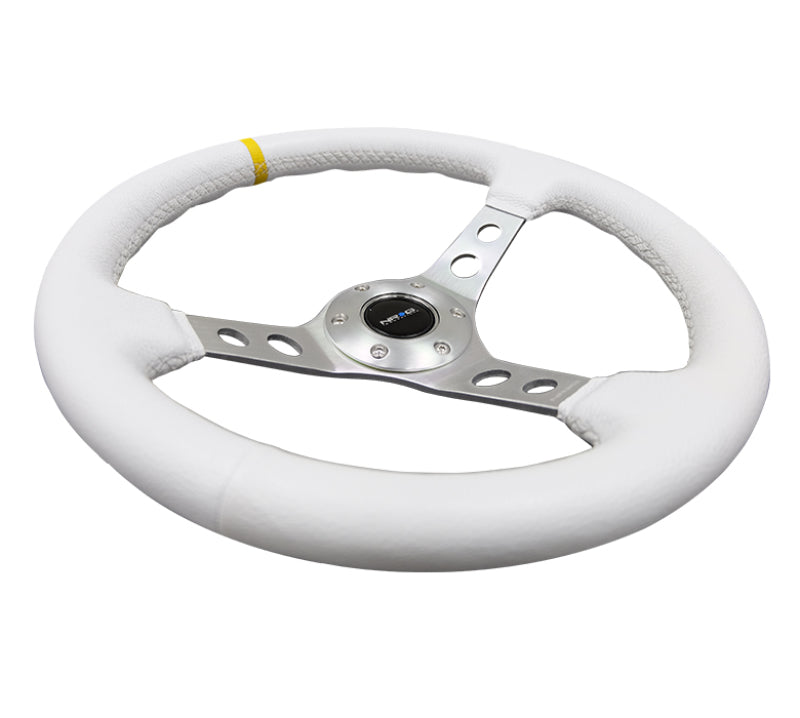 NRG Reinforced Steering Wheel (350mm / 3in. Deep) White Leather w/Silver Spoke & Single Yellow Mark - RST-006WT-Y