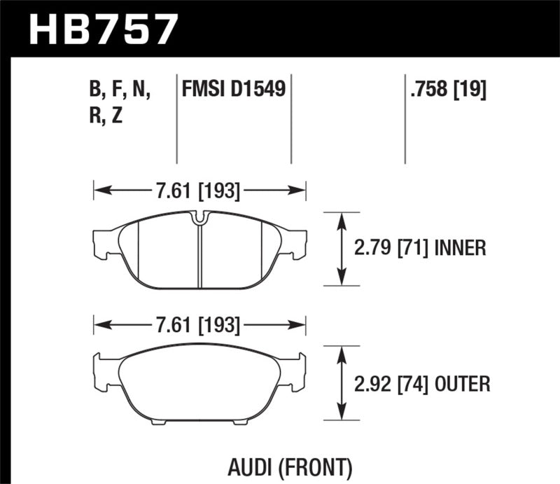 Hawk Audi 2013 A5 Quattro / 12-16 A6 Quattro/A7 Quattro/A8 Quattro PC Front Brake Pads - HB757Z.758