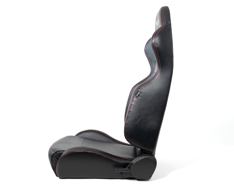 NRG Reclinable Racing Seats (Pair) Black Leather w/NRG Logo Red Stitch - RSC-208-1L/R