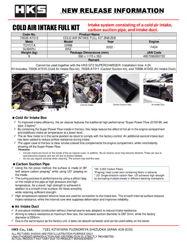 HKS Subaru ZN8/ZD8 Cold Air Intake Full Kit - 70026-AT012