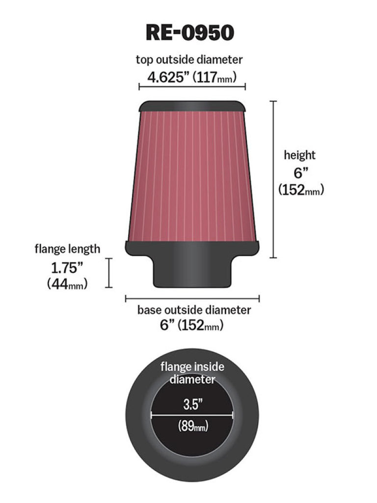 K&N Universal Rubber Filter 3 1/2inch ID FLG / 6inch Base / 4-5/8inch Top / 6inch Height - RE-0950