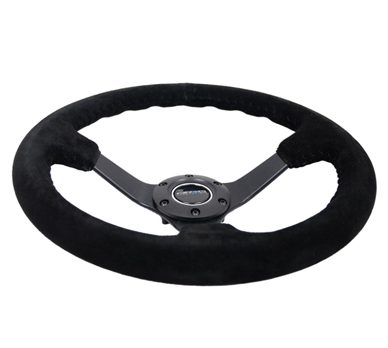 NRG Reinforced Steering Wheel (350mm / 3in. Deep) Blk Suede/Blk Bball Stitch w/5mm Matte Black Spoke - RST-036MB-S-BK