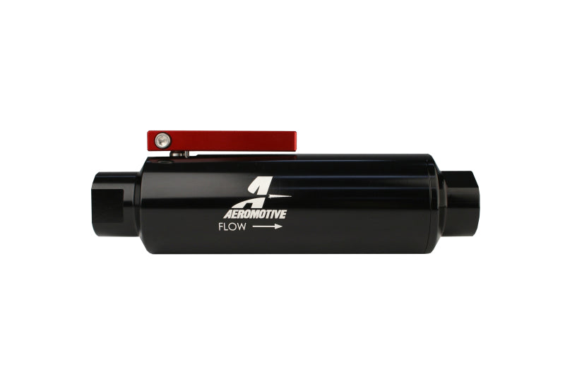 Aeromotive In-Line AN-10 Filter w/Shutoff Valve 100 Micron SS Element - Black Anodize Finish - 12331