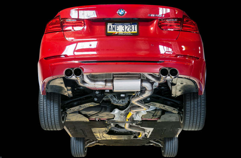 AWE Tuning BMW F3X N20/N26 328i/428i Touring Edition Exhaust Quad Outlet - 80mm Diamond Black Tips - 3010-43036