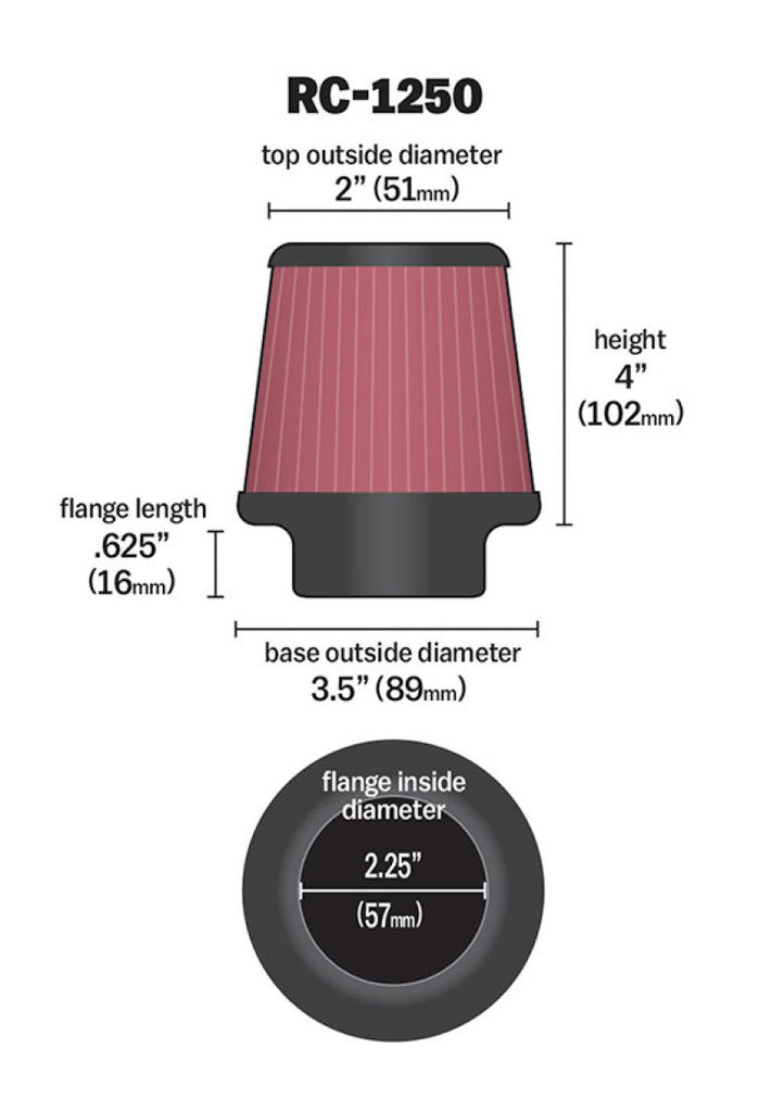 K&N Universal Chrome Filter 2.25 Inch Flange / 3.5 Inch Base / 2 Inch Top / 4 Inch Height - RC-1250