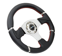 Load image into Gallery viewer, NRG Reinforced Steering Wheel (320mm) Blk Leather/Red Stitching w/Chrome 3-Spoke Center - RST-008R