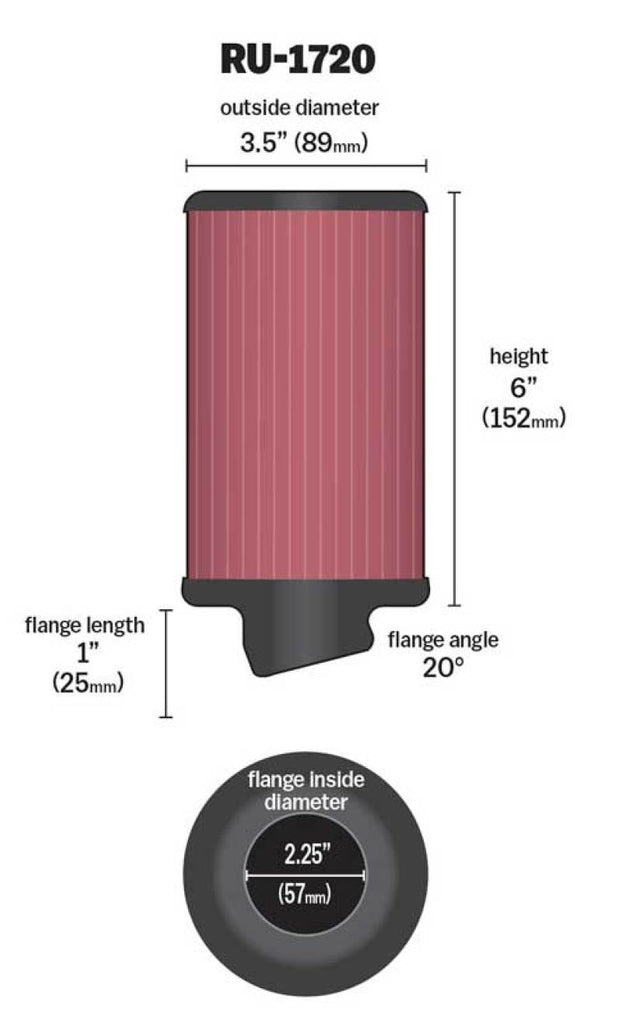 K&N Filter Universal Rubber Round Air Filter 20 Deg Flange Angle 2.25in Flange ID x 3.5in OD x 6in H - RU-1720