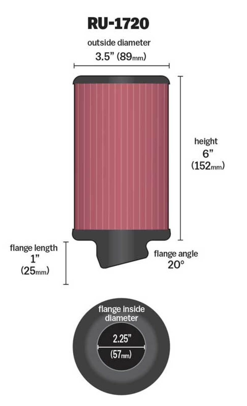 K&N Filter Universal Rubber Round Air Filter 20 Deg Flange Angle 2.25in Flange ID x 3.5in OD x 6in H - RU-1720