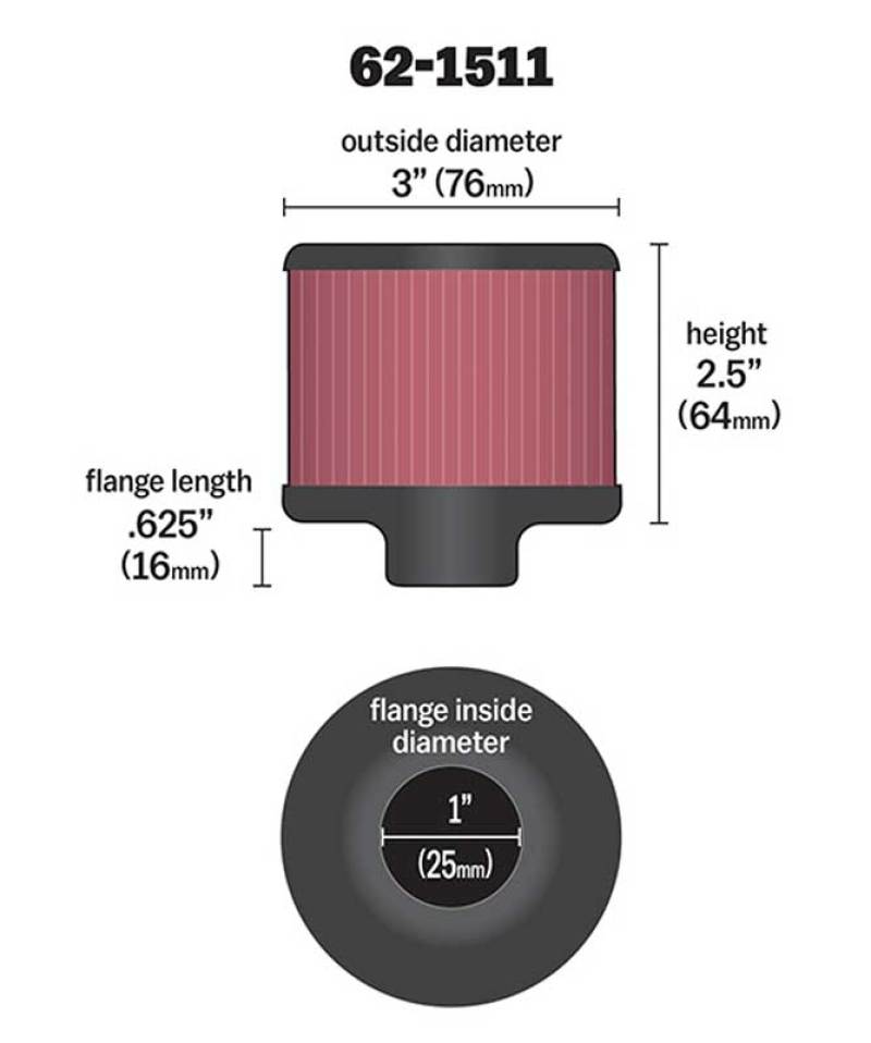 K&N 1in Flange ID x 3in OD x 2.5in Height Clamp On Crankcase Vent Filter - 62-1511