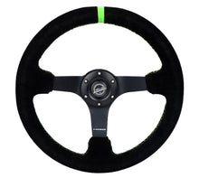 Load image into Gallery viewer, NRG Reinforced Steering Wheel 350mm/3in. Deep Blk Suede/ Neon Green Stitch w/5mm Matte Black Spoke - RST-036MB-S-GN