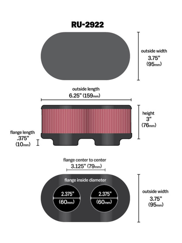 K&N Filter Universal Filter 2 3/4 inch Dual Flange GSXR Oval (2/Box) - RU-2922