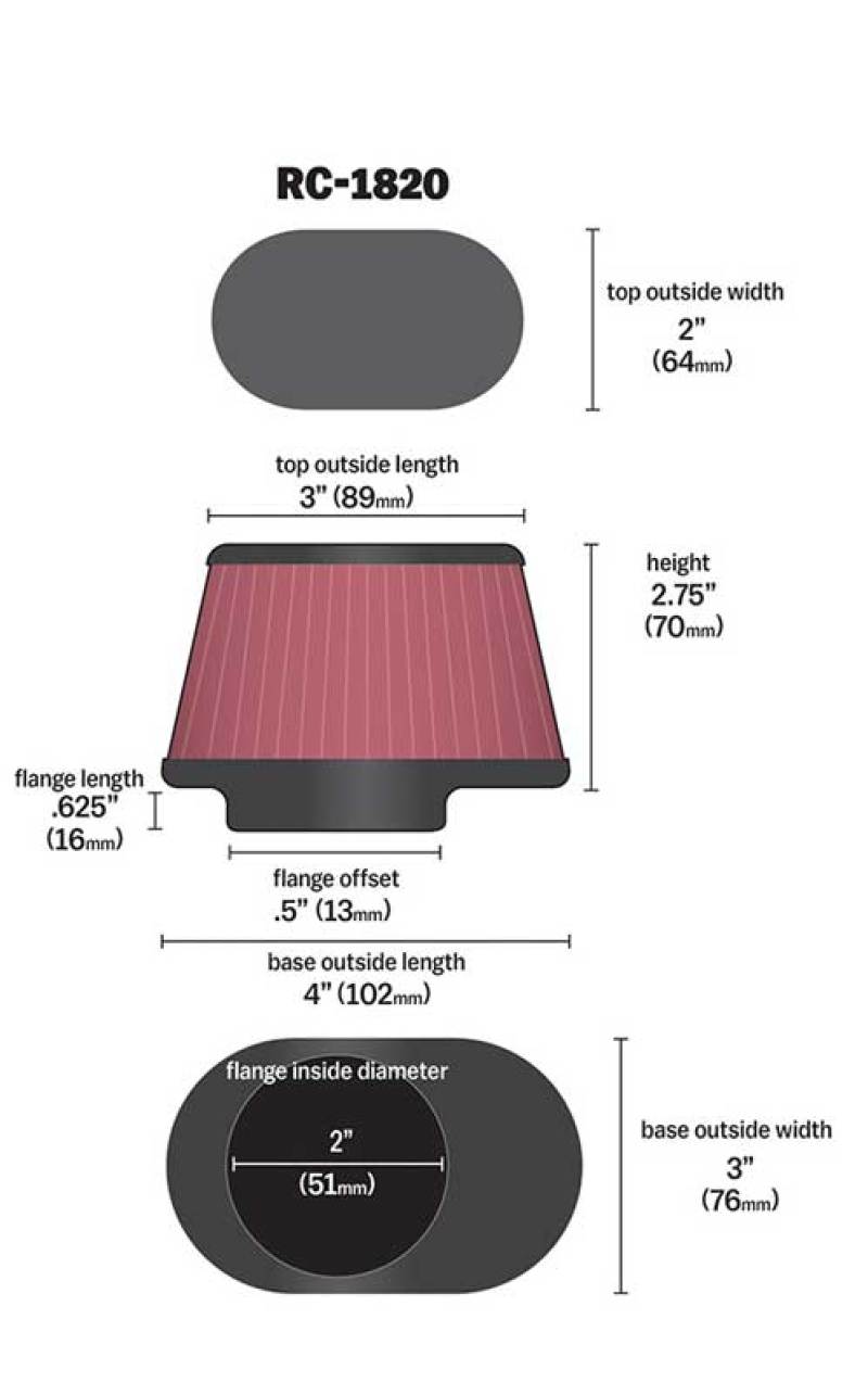 K&N Filter Universal Clamp-On Filter 2in Flange / 2-23/32in Base / 3in x 2in Top / 2-3/4in Height - RC-1820