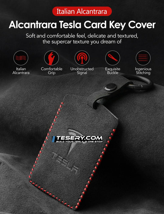 Alcantara Key Card Holder for Model 3/Y | Italian Material | Hook & Keychain | White Stitching