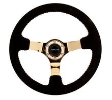 Load image into Gallery viewer, NRG Reinforced Steering Wheel (350mm / 3in. Deep) Blk Suede w/Red BBall Stitch &amp; Chrome Gold 3-Spoke - RST-036GD-S