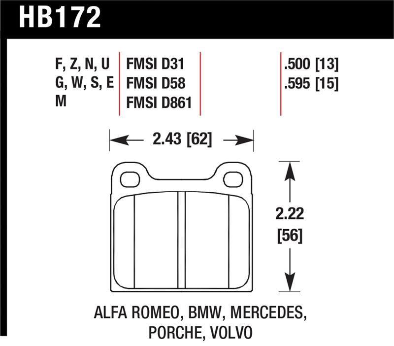 Hawk Alfa Romeo / Audi / Opel / Porsche / Saab / VW Blue 9012 Front Race Brake Pads - HB172E.595