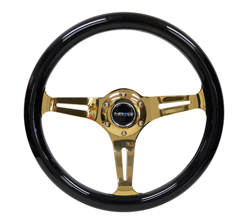 NRG Classic Wood Grain Steering Wheel (350mm) Black Grip w/Chrome Gold 3-Spoke Center - ST-015CG-BK