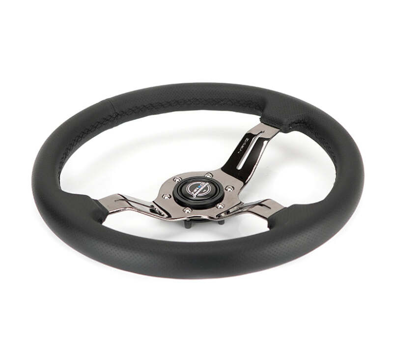 NRG Light Weight Gaming Steering Wheel - 350mm 3 Black Chrome Spokes Perforated Leather - ST-010BC-PR