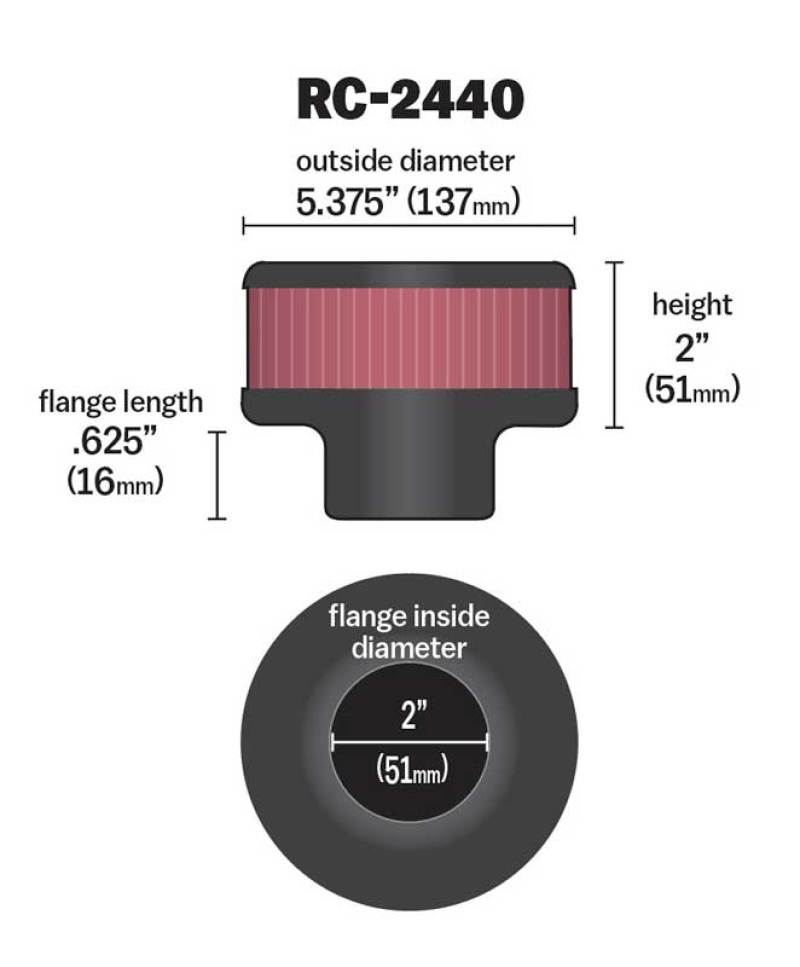K&N Universal Round Clamp-On Air Filter 2in. Flange / 5-3/8in. OD / 2in. Height - RC-2440