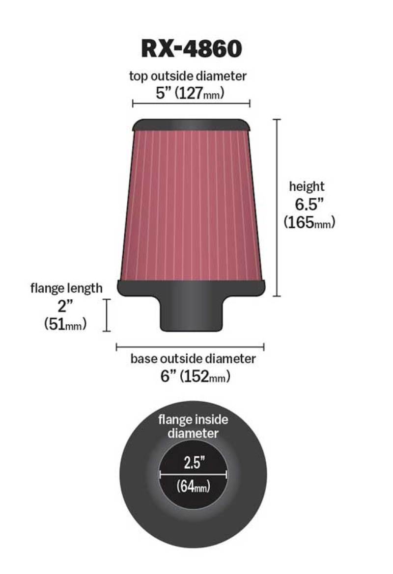 K&N Filter Universal X-Stream Clamp-On Round Tprd 2.5in Flng ID x 6in Base OD x 5in Top OD x 6.5in H - RX-4860