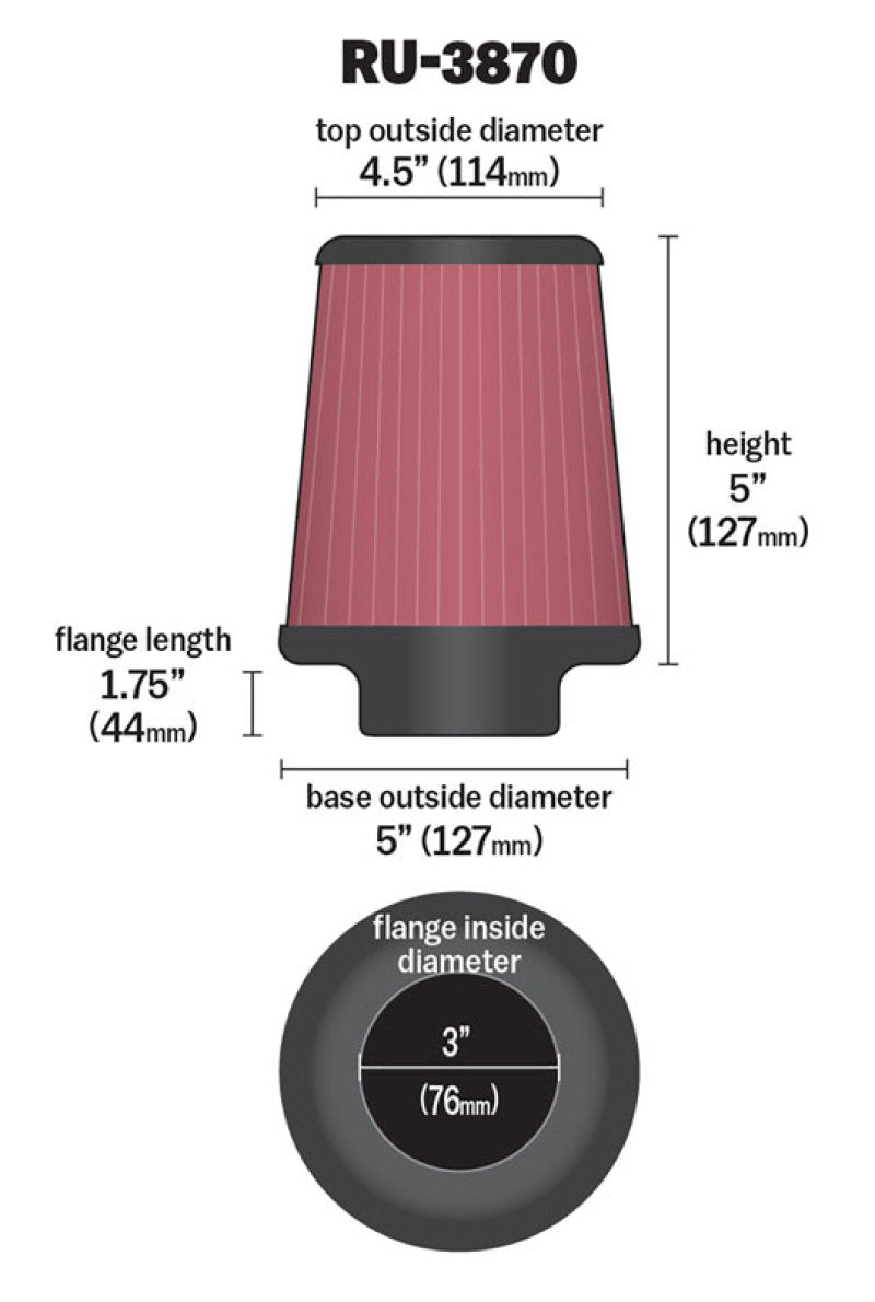 K&N Universal Clamp-On Air Filter 3in FLG / 5in B / 4-1/2in T / 5in H - RU-3870