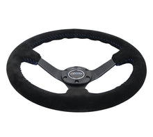 Load image into Gallery viewer, NRG Reinforced Steering Wheel (350mm / 3in. Deep) Blk Suede/Blue BBall Stitch w/5mm Matte Blk Spokes - RST-036MB-S-BL